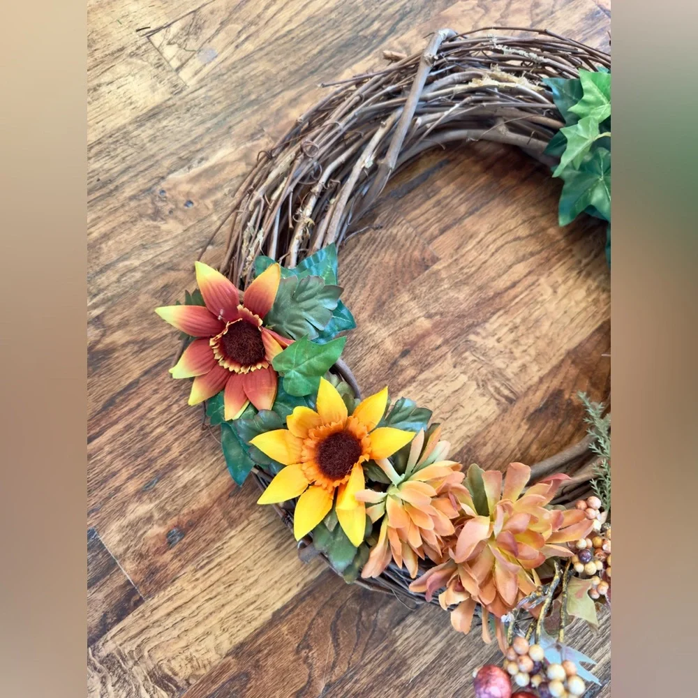 16” CUSTOM Rustic Farmhouse Sunflower & Daisy Floral Wooden Grapevine Wreath